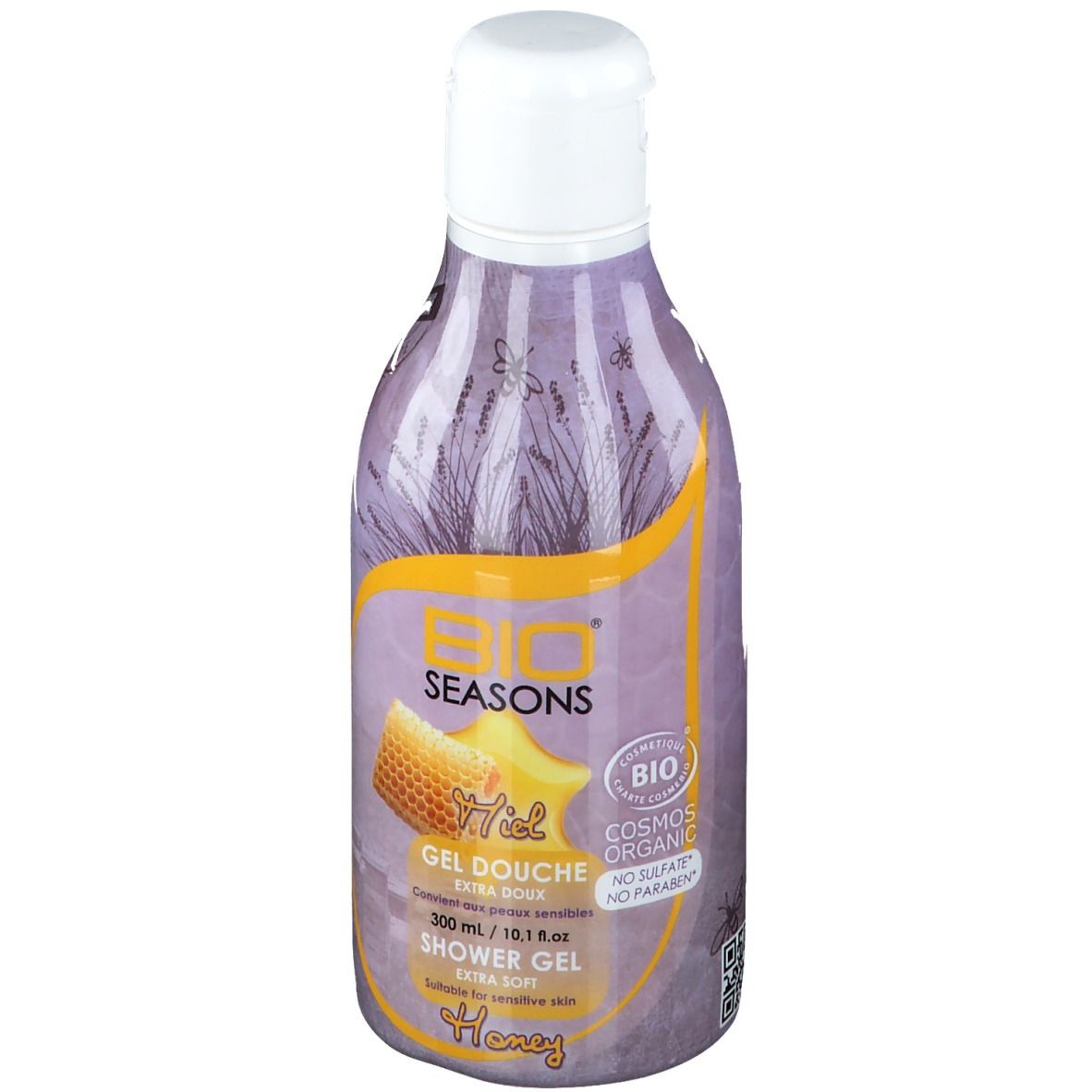 Flasche Bio Seasons Gel Douche mild. Lila-gelbes Etikett mit Honigwabe und Lavendel. Weißer Deckel. Aufschrift: Gel Douche, Shower Gel.