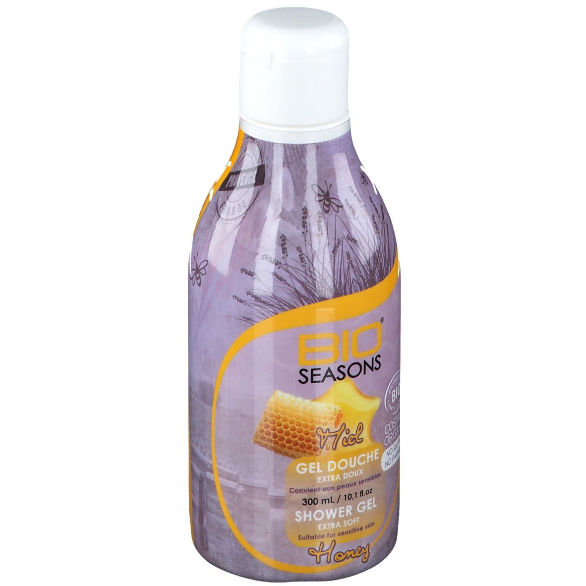 Flasche Bio Seasons Gel Douche mild. Lila-gelbes Etikett mit Honigwabe und Lavendel. Weißer Deckel. Aufschrift: Gel Douche, Shower Gel.