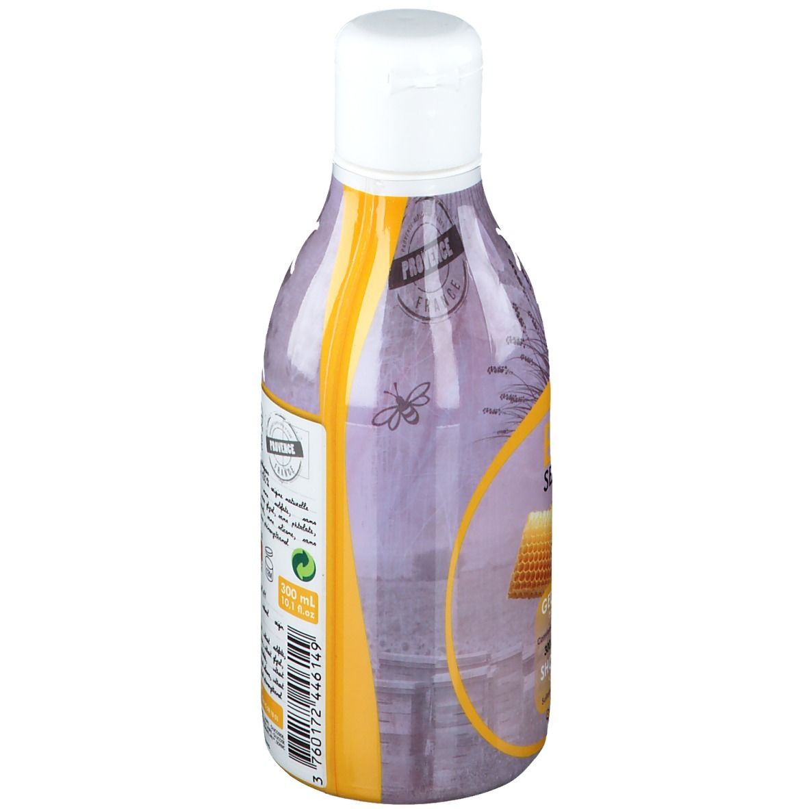 Rückseite der Flasche Bio Seasons Gel Douche mild. Lila Hintergrund mit Text. Weißer Deckel. Aufschrift: Gel Douche, Shower Gel.