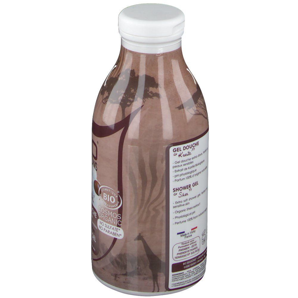Dos du flacon marron avec bouchon blanc. Inscription: Gel Douche, Shower Gel. Certification Bio, sans sulfates, sans parabènes.