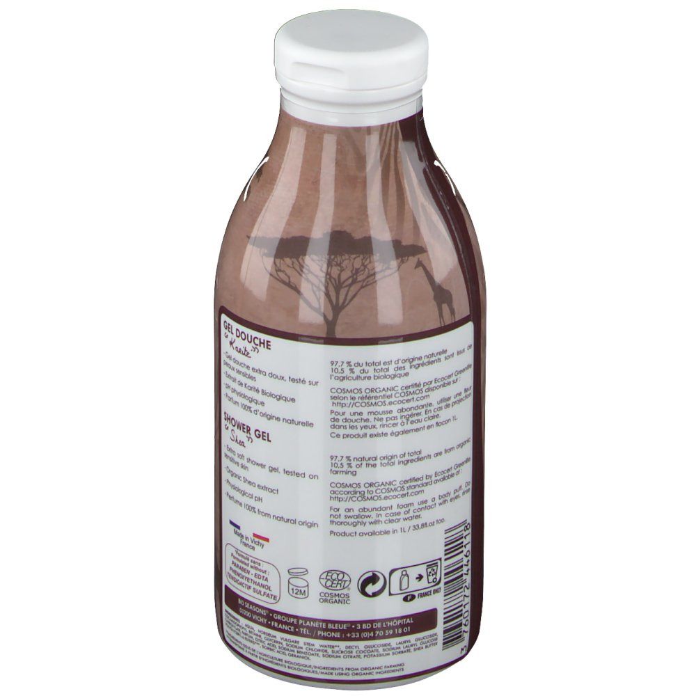 Dos du flacon marron avec bouchon blanc. Texte: Gel Douche, Shower Gel. Certification Bio, ingrédients d'origine naturelle.