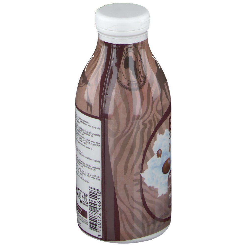 Flacon marron avec bouchon blanc. Inscription: Bio Seasons, Karité, Gel Douche, 300 ml. Verso avec texte et certifications.