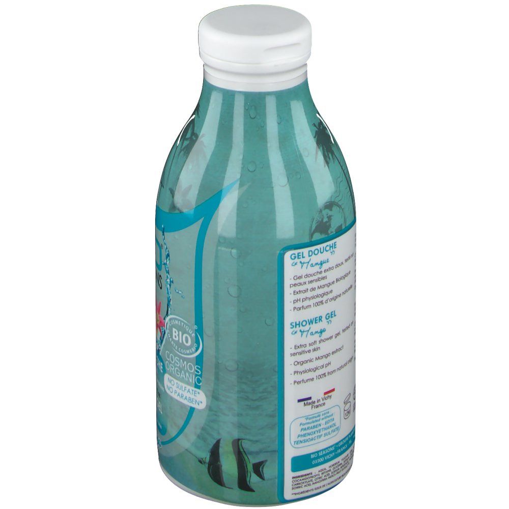 Flacon de gel douche. Inscriptions: Gel Douche Mangue, Shower Gel. Certificat BIO et autres textes. Fond bleu et vert.