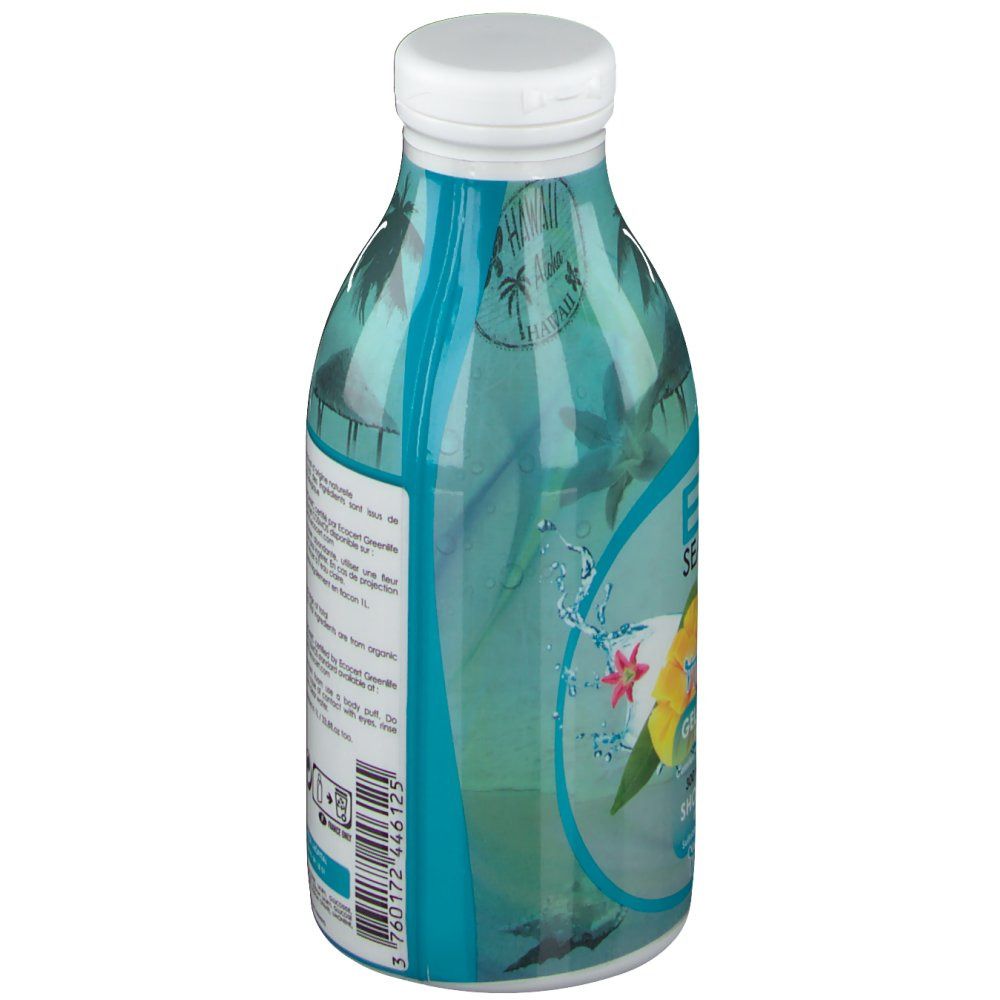 Flacon de gel douche. Inscriptions: BIO SEASONS, Mangue, Gel Douche. Illustrations de mangue et fleurs. Fond bleu et vert.