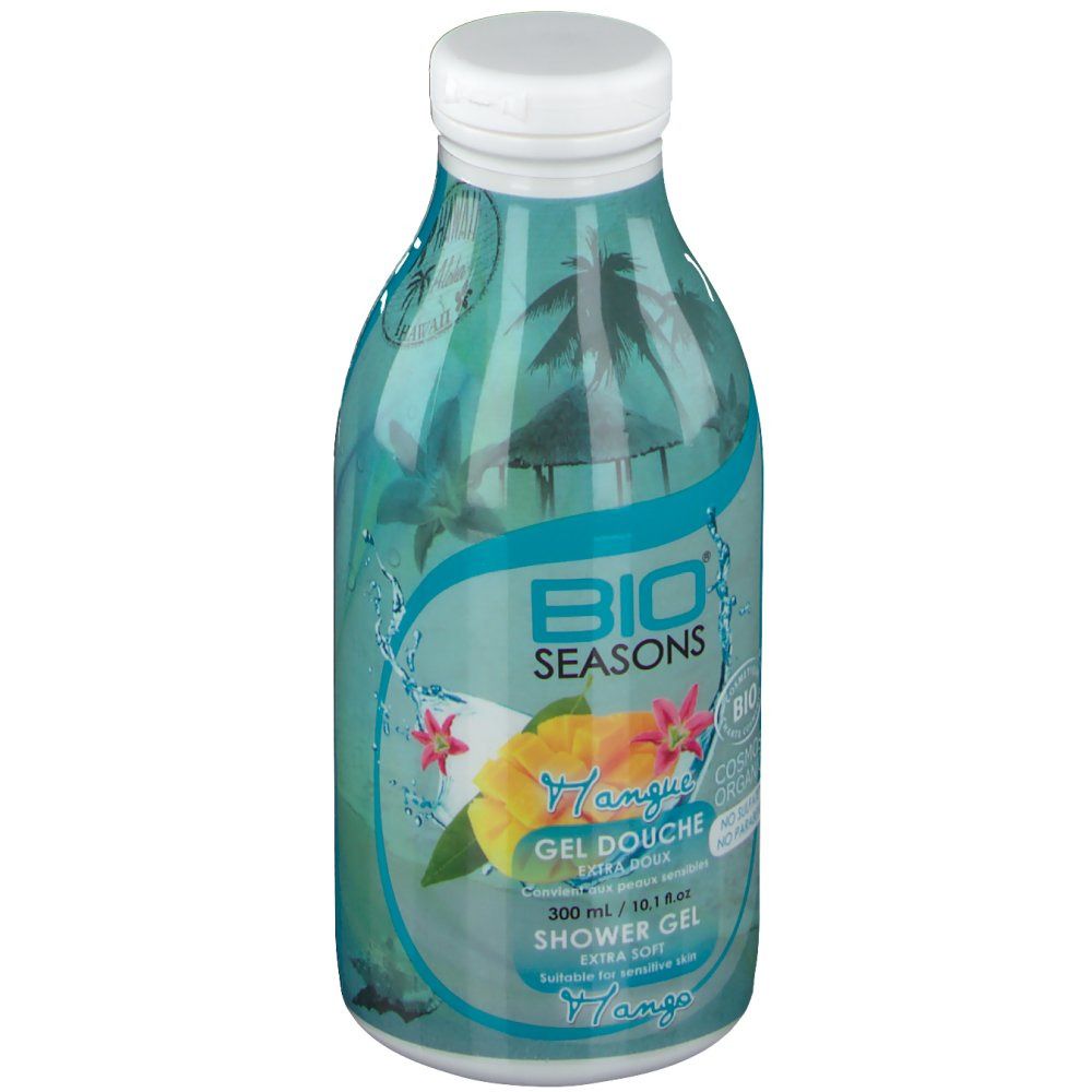 Flacon de gel douche BIO SEASONS Mangue. Contenance 300 ml. Illustrations de mangue et fleurs. Fond bleu et vert.