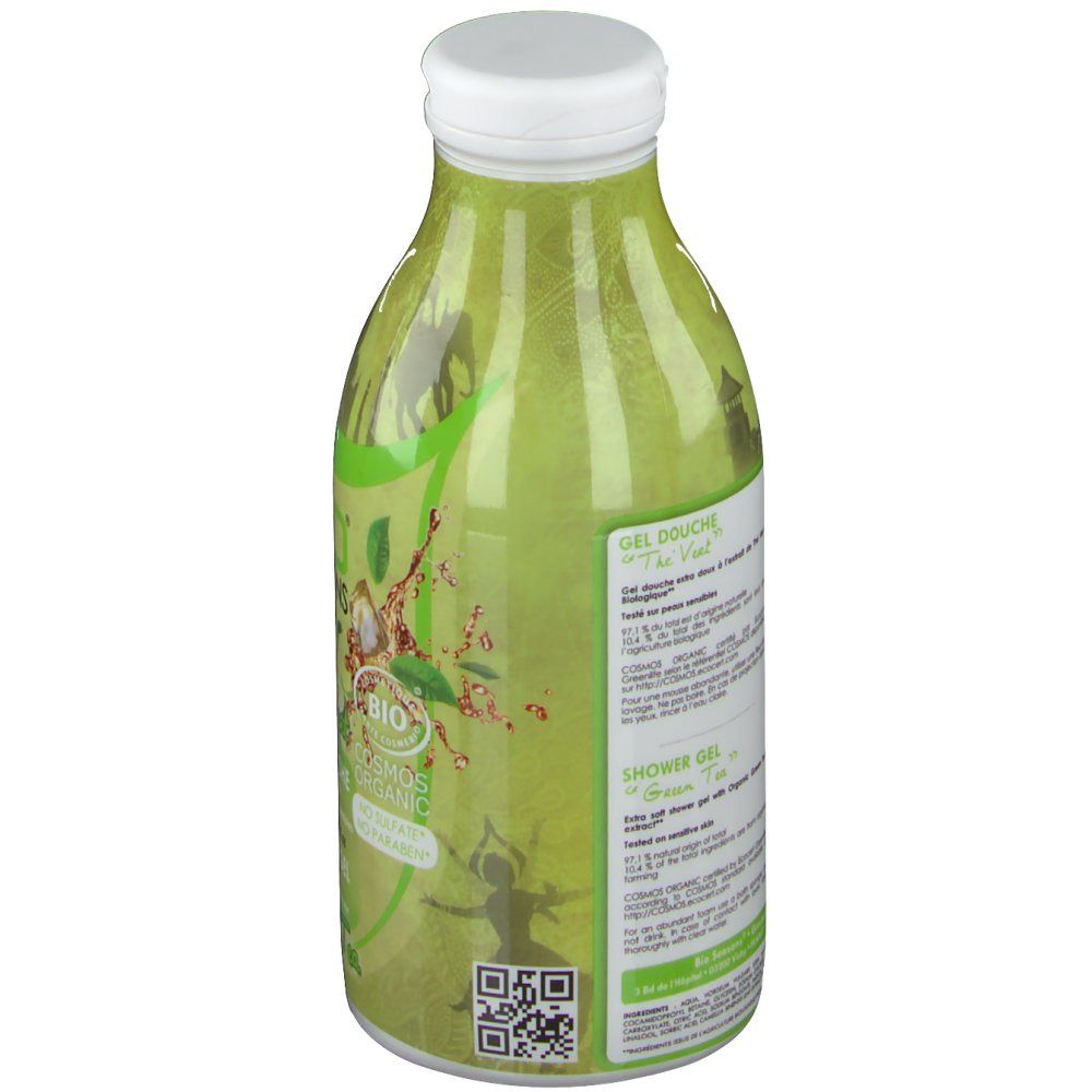 Bouteille verte avec bouchon blanc. Inscriptions: Gel Douche, BioSeasons, Thé Vert. Code QR et texte au dos.