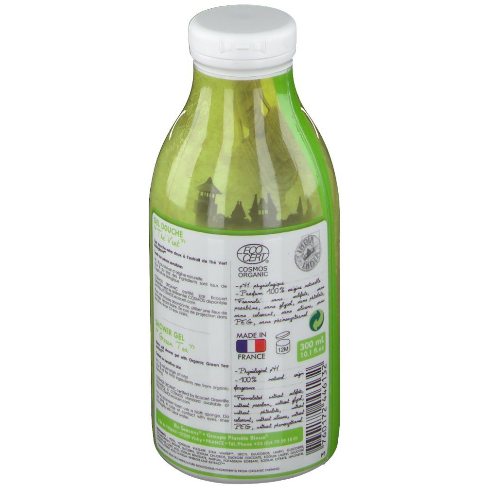 Bouteille verte avec bouchon blanc. Inscriptions: Gel Douche, BioSeasons, Thé Vert. Texte et logos au dos.