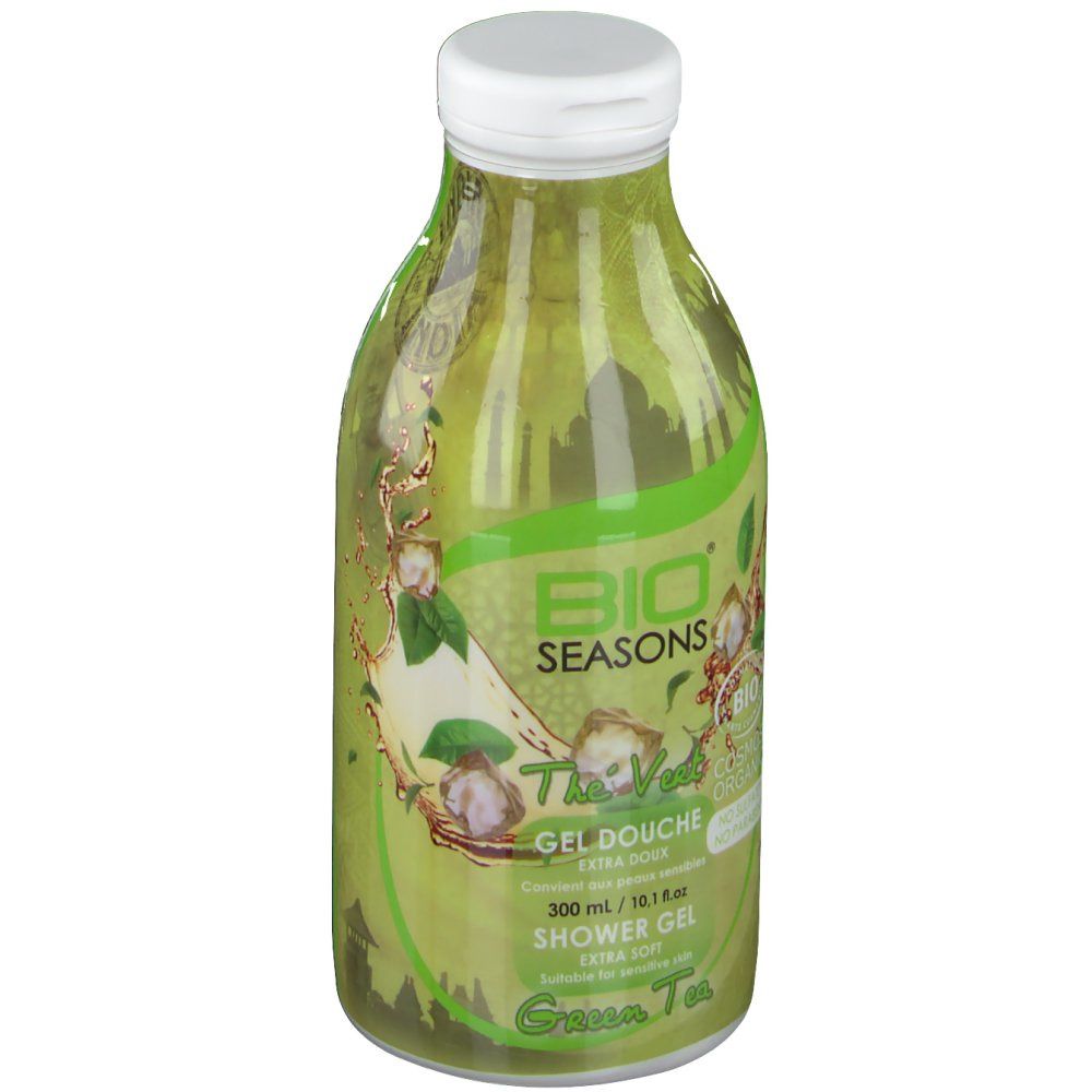 Bouteille verte avec bouchon blanc. Inscriptions: BioSeasons, Gel Douche, Thé Vert. Nom du produit et logo.