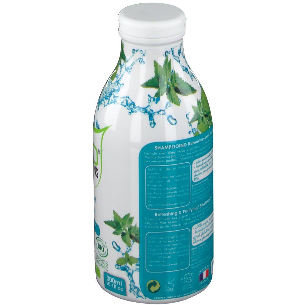 Dos du flacon de shampooing Bio Seasons. Bouchon blanc, flacon bleu et blanc. Texte et certification bio. Illustrations de menthe.
