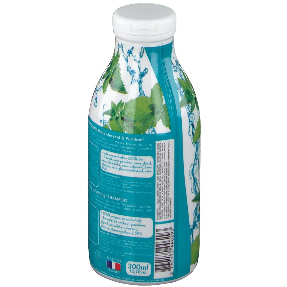Dos du flacon de shampooing Bio Seasons. Bouchon blanc, flacon bleu et blanc. Texte, certification bio et origine France.