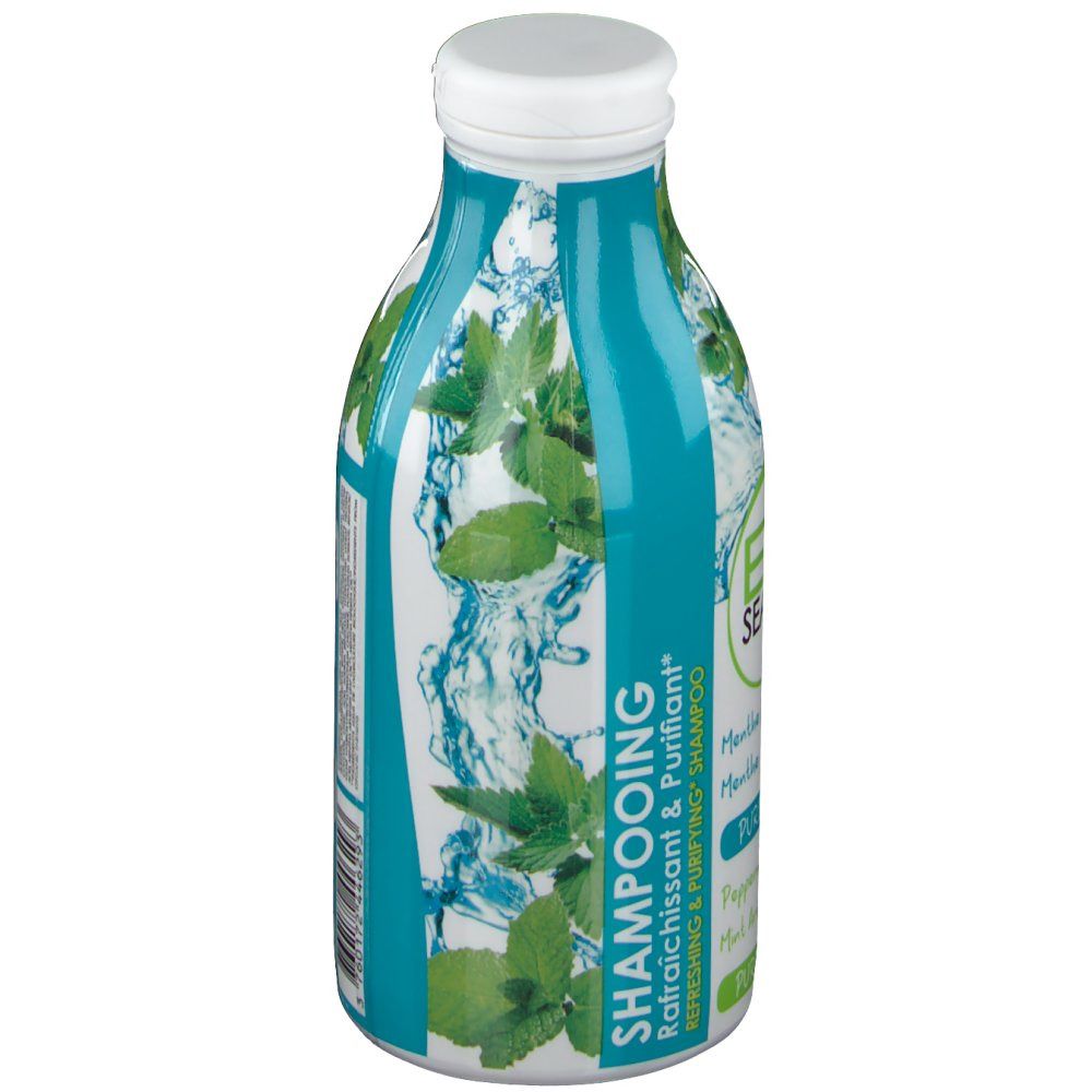 Flacon de shampooing Bio Seasons. Bouchon blanc, flacon bleu et blanc avec texte et illustrations de menthe. Certification bio.