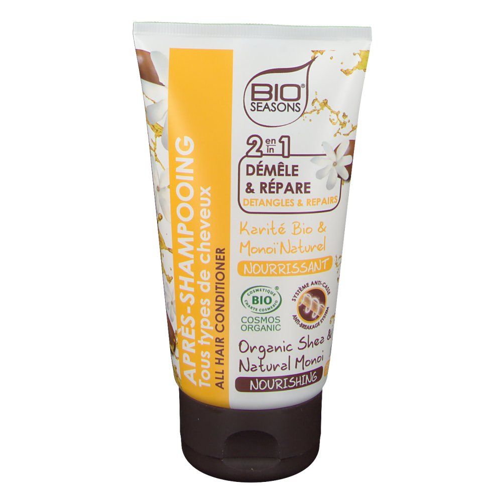 Tube de conditionneur. Inscription: Bio Seasons, 2 en 1, Démêle & Répare, Karité Bio & Monoi Naturel, Nourrissant. Cosmos Organic.