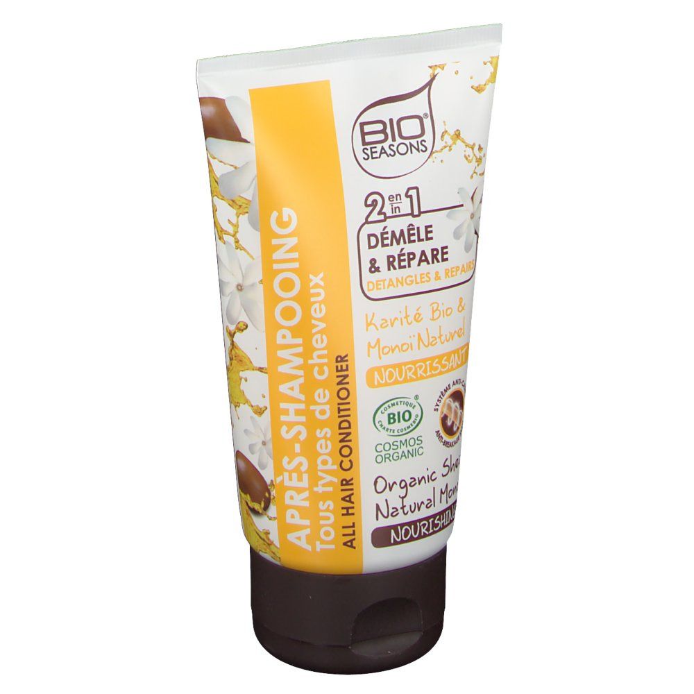 Tube de conditionneur. Inscription: Bio Seasons, 2 en 1, Démêle & Répare, Karité Bio & Monoi Naturel, Nourrissant. Cosmos Organic.
