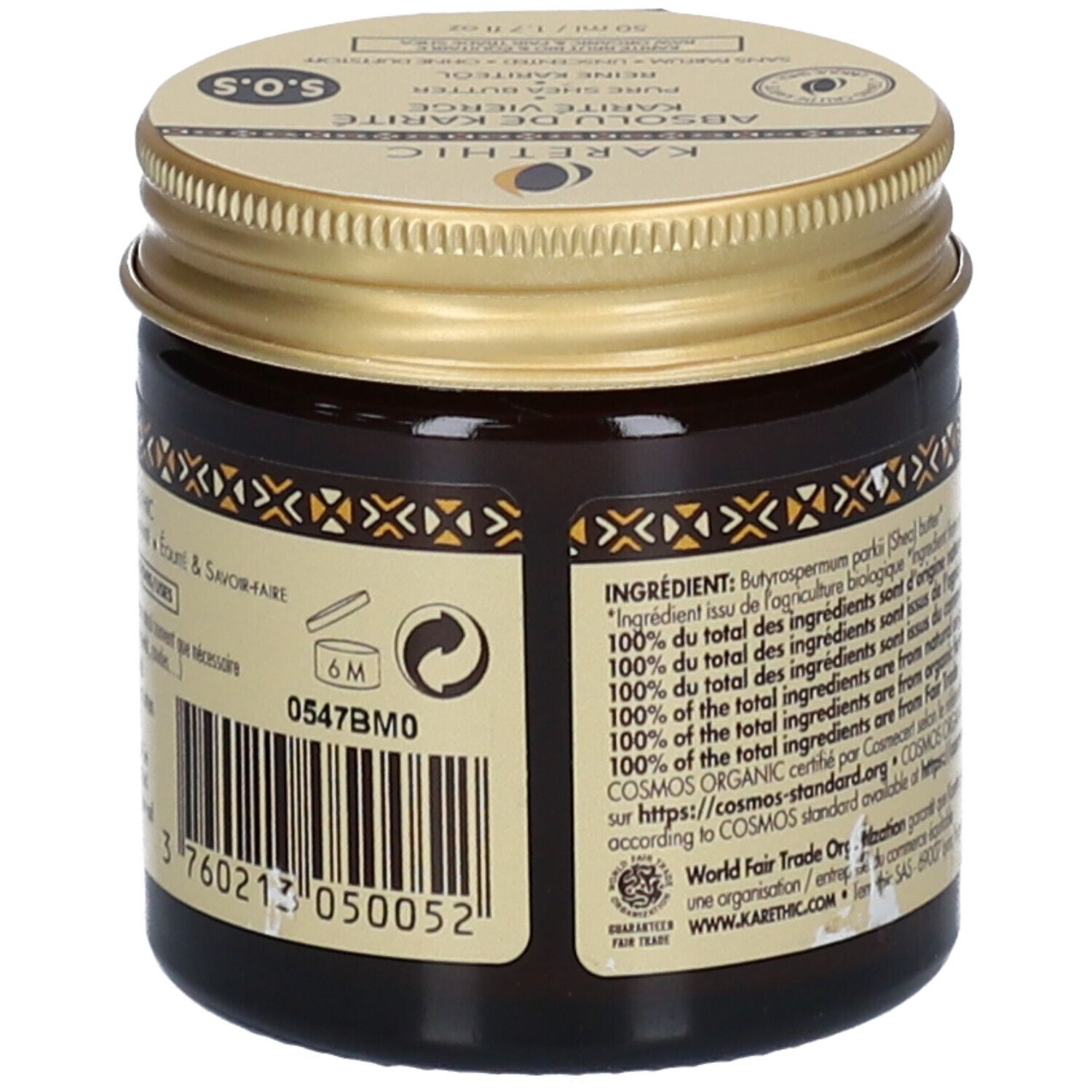 Rückseite einer braunen Glasdose mit goldenem Deckel. Text: Inhaltsstoffe, Chargennummer, Haltbarkeit. Bio-Siegel. Barcode.