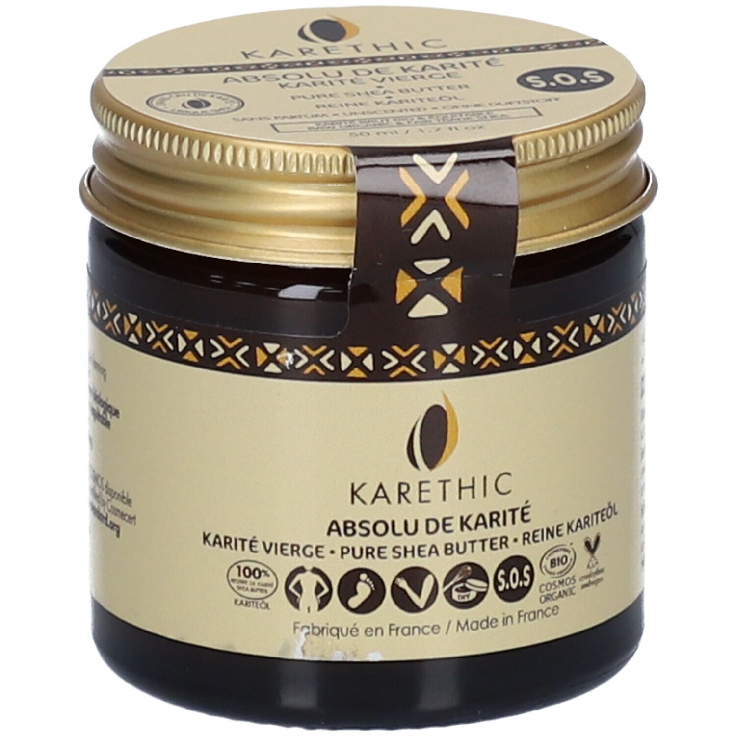 Braune Glasdose mit goldenem Deckel. Aufschrift: KARETHIC Absolu de Karité. Siegel mit Logos und Texten. Bio-Siegel.