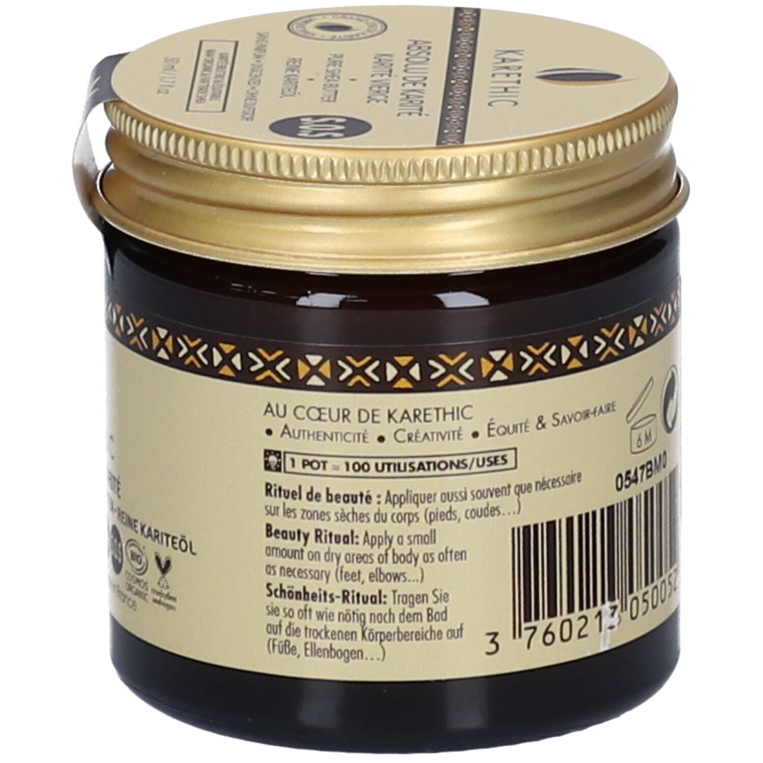 Rückseite einer braunen Glasdose mit goldenem Deckel. Text: Anwendung, Haltbarkeit, Barcode. Bio-Siegel. 100 Anwendungen.