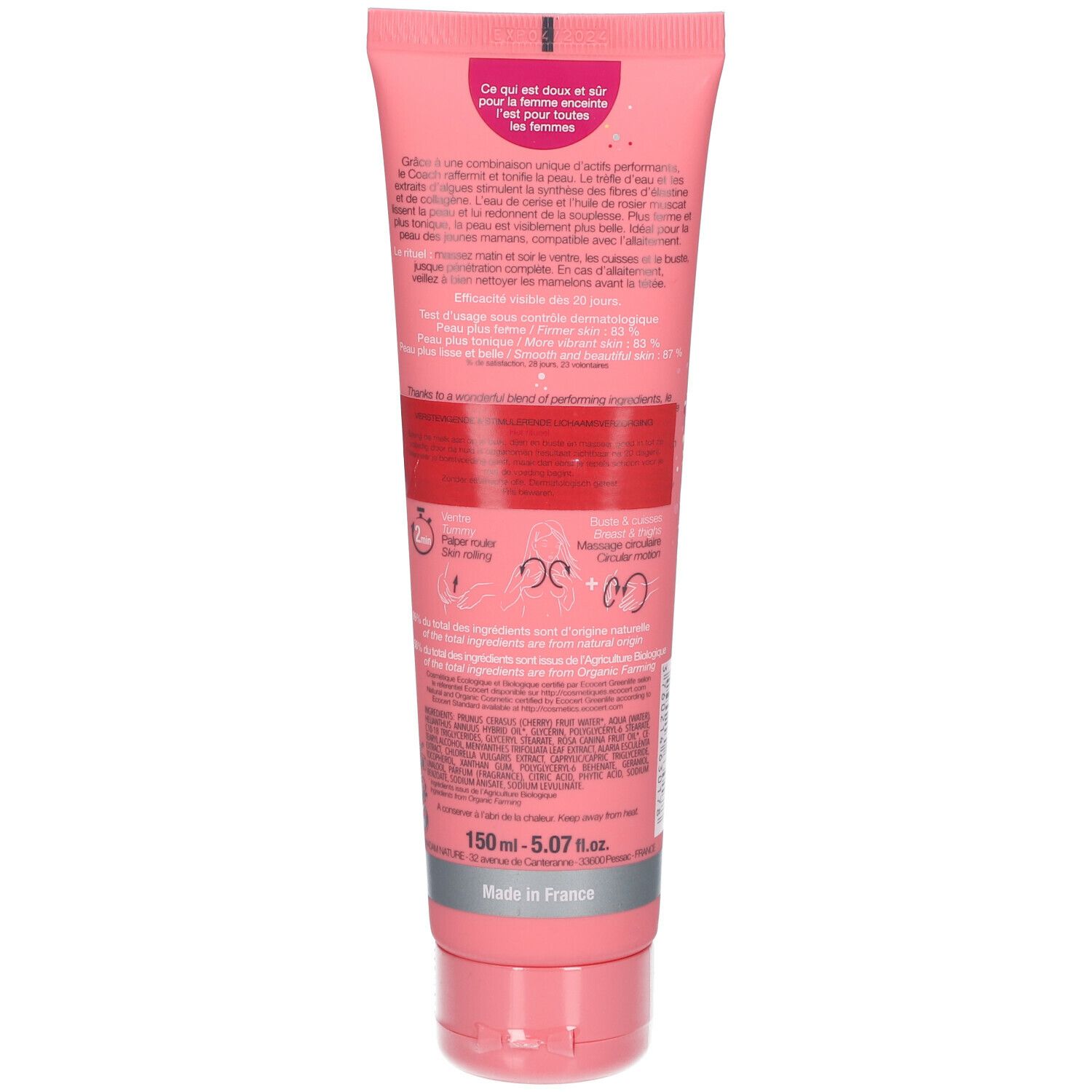 Rückseite der rosa Tube. Text in mehreren Sprachen. Inhaltsstoffe und Informationen. "150 ml - 5.07 fl.oz." und "Made in France".