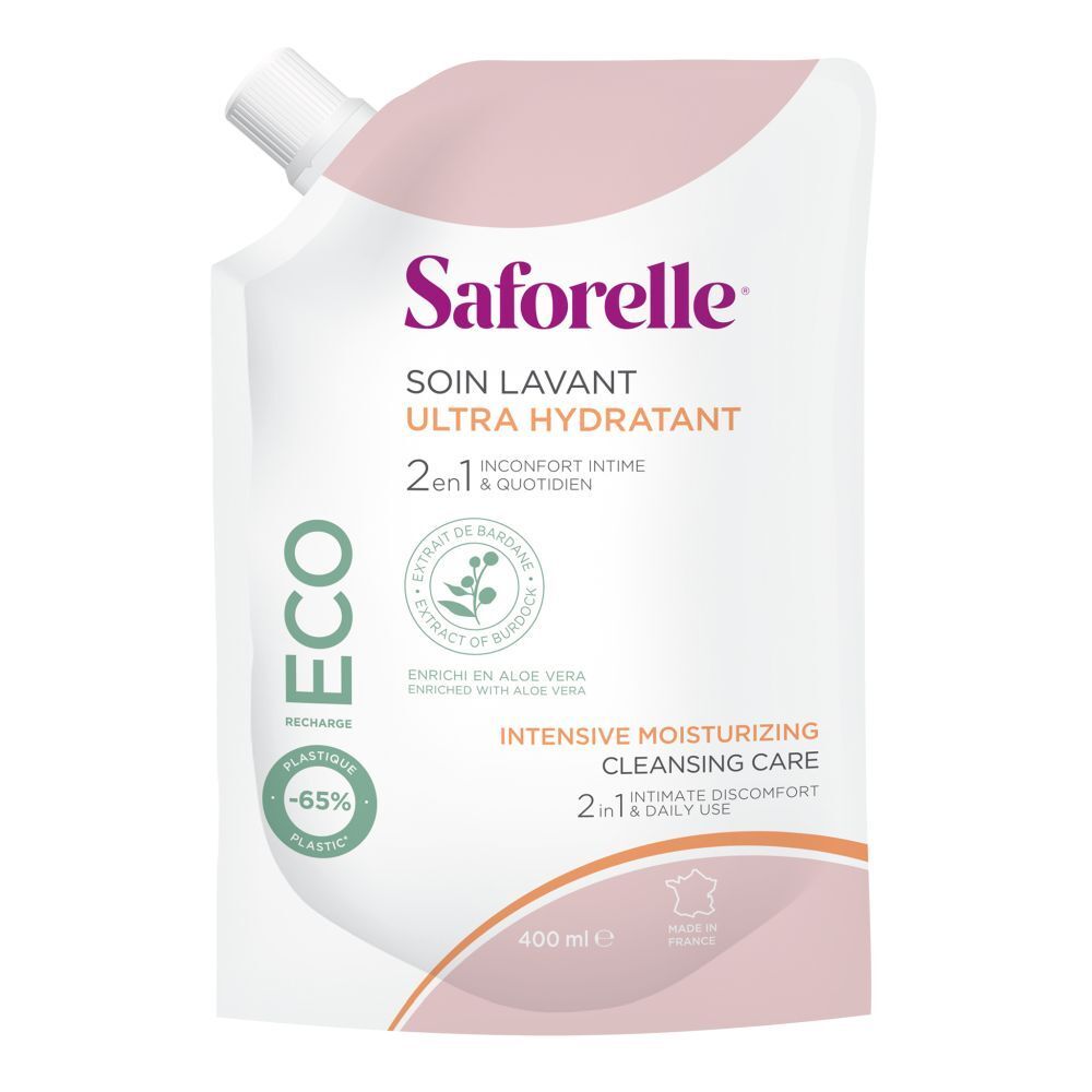 Recharge Saforelle Ultra Hydra. Emballage rose et blanc. Inscriptions du produit et informations. Label ECO.