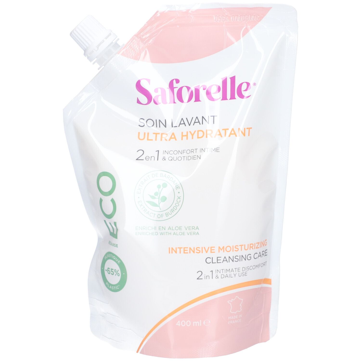 Recharge Saforelle Ultra Hydra. Emballage rose et blanc. Inscriptions du produit et informations. Label ECO.
