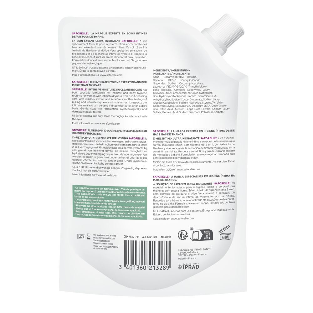 Dos de Saforelle Ultra Hydra. Informations textuelles, ingrédients, code-barres et logos.