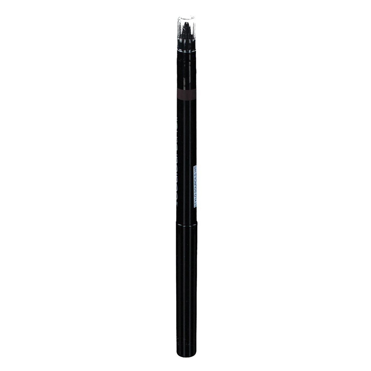 Schwarzer Augenbrauenstift mit transparentem Deckel. Aufschrift: couleurs de noir.