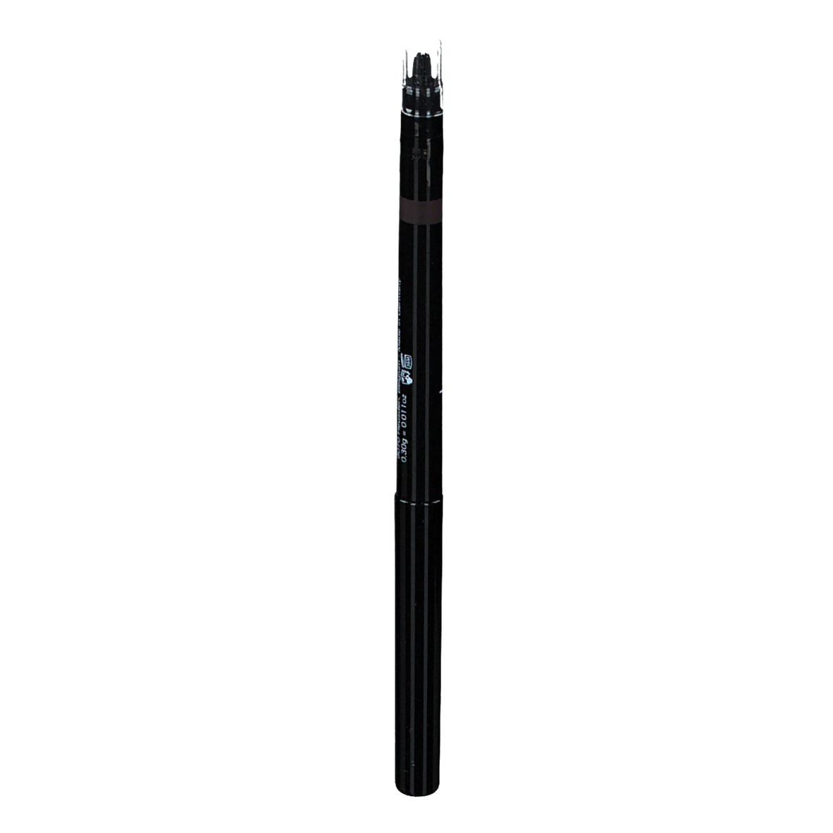Schwarzer Augenbrauenstift mit transparentem Deckel. Aufschrift: couleurs de noir.