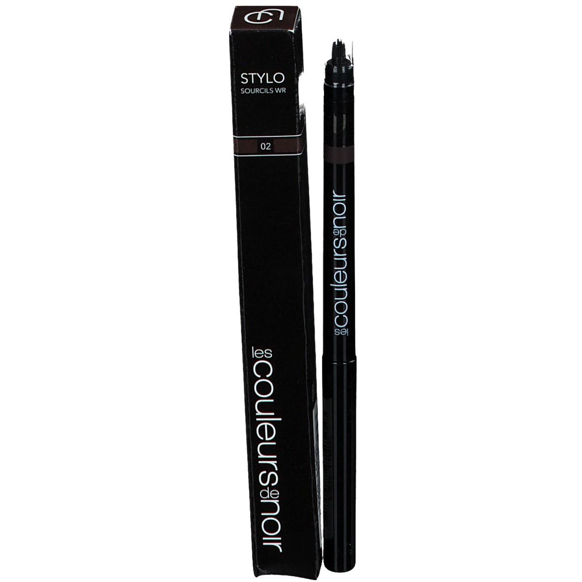 Schwarzer Augenbrauenstift mit transparentem Deckel. Aufschrift: couleurs de noir.