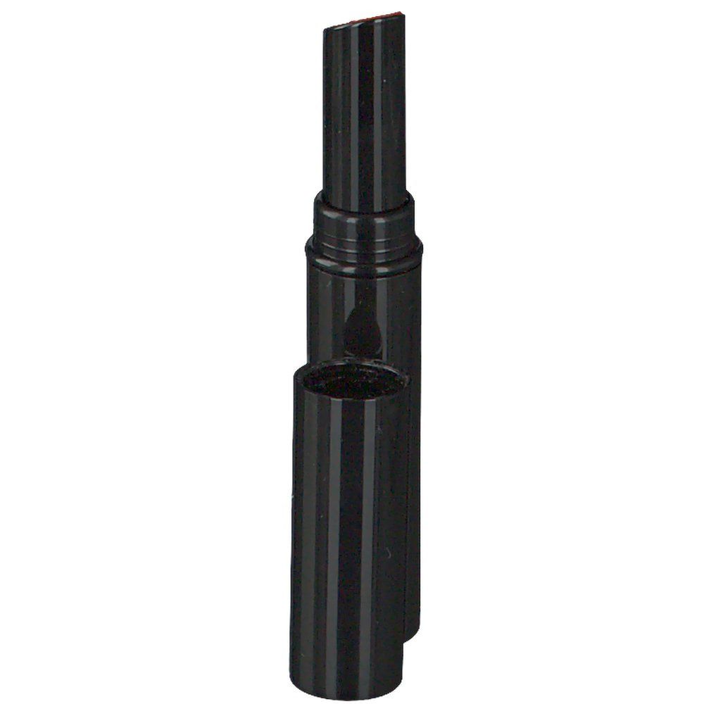 Schwarzer Lippenstift mit geöffneter Kappe. Vertikale Streifen auf dem Gehäuse.