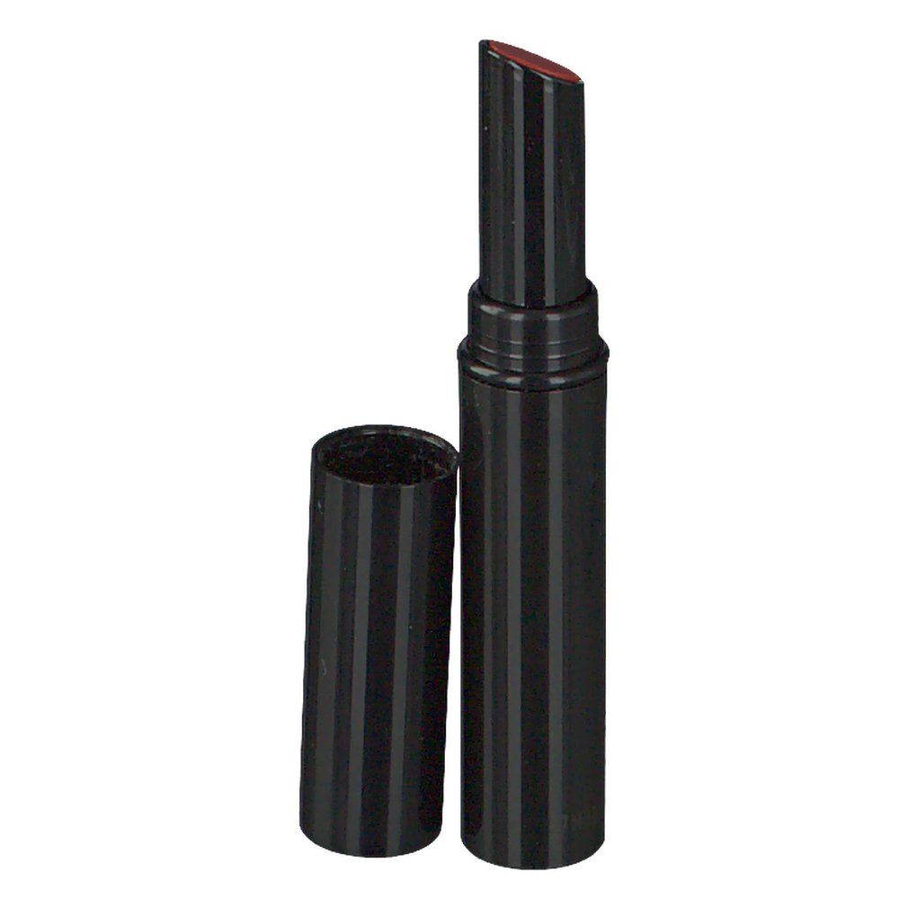 Schwarzer Lippenstift mit geöffneter Kappe. Vertikale Streifen auf dem Gehäuse.