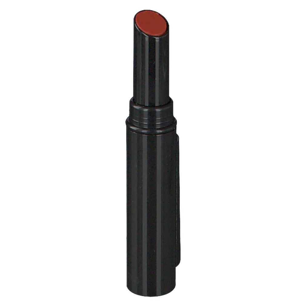 Schwarzer Lippenstift. Vertikale Streifen auf dem Gehäuse. Rote Spitze.