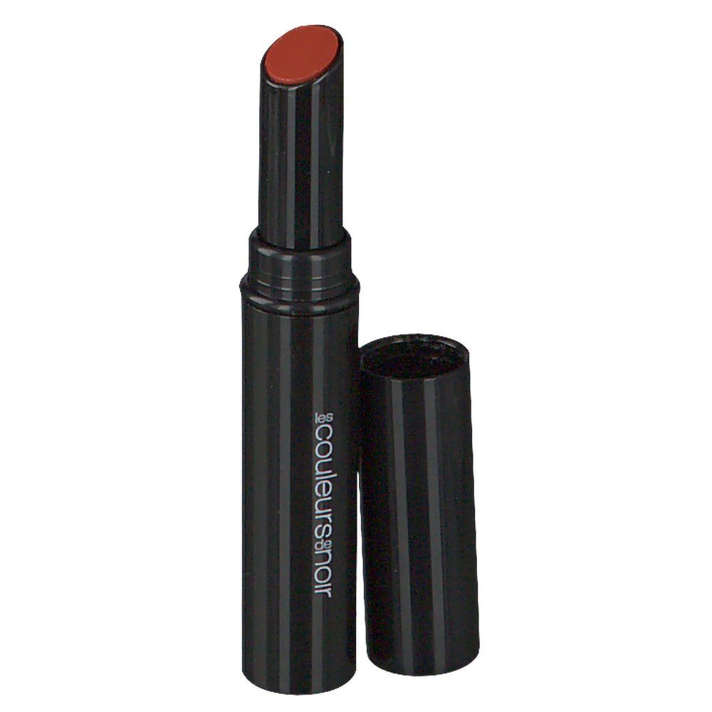 Schwarzer Lippenstift mit geöffneter Kappe. Les couleurs noir Logo. Vertikale Streifen.