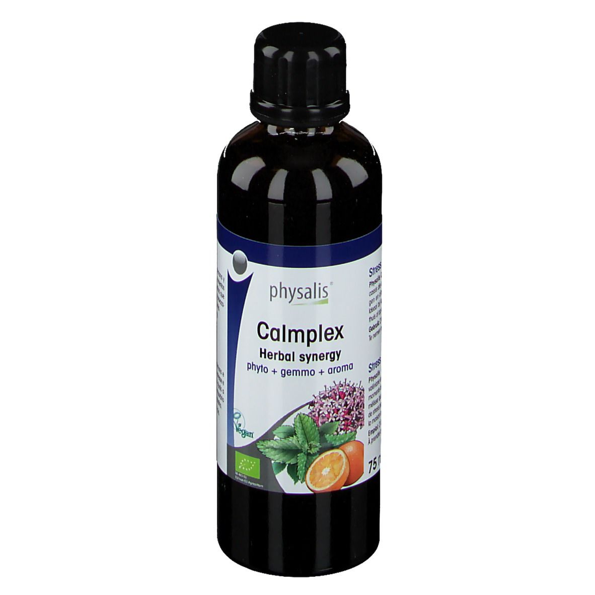 Bruine fles met zwarte dop. Etiket met productnaam, illustraties en bio-keurmerk.