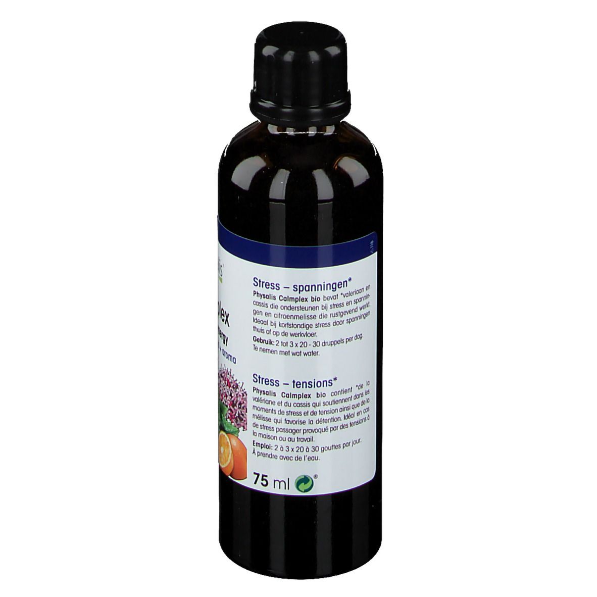 Bruine fles met zwarte dop. Etiket met productinformatie en bio-keurmerk.