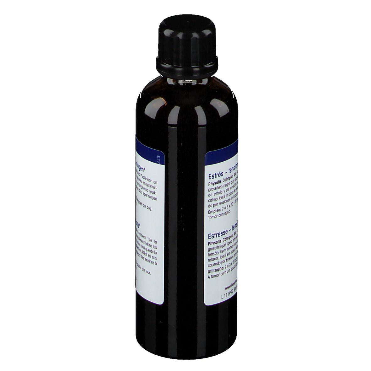 Bruine fles met zwarte dop. Etiket met productinformatie en bio-keurmerk.