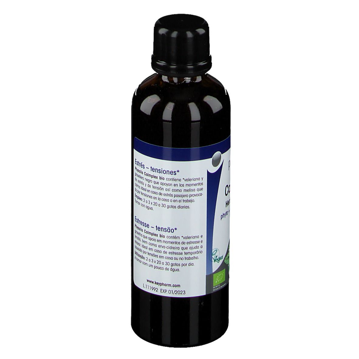 Bruine fles met zwarte dop. Etiket met productinformatie en bio-keurmerk.