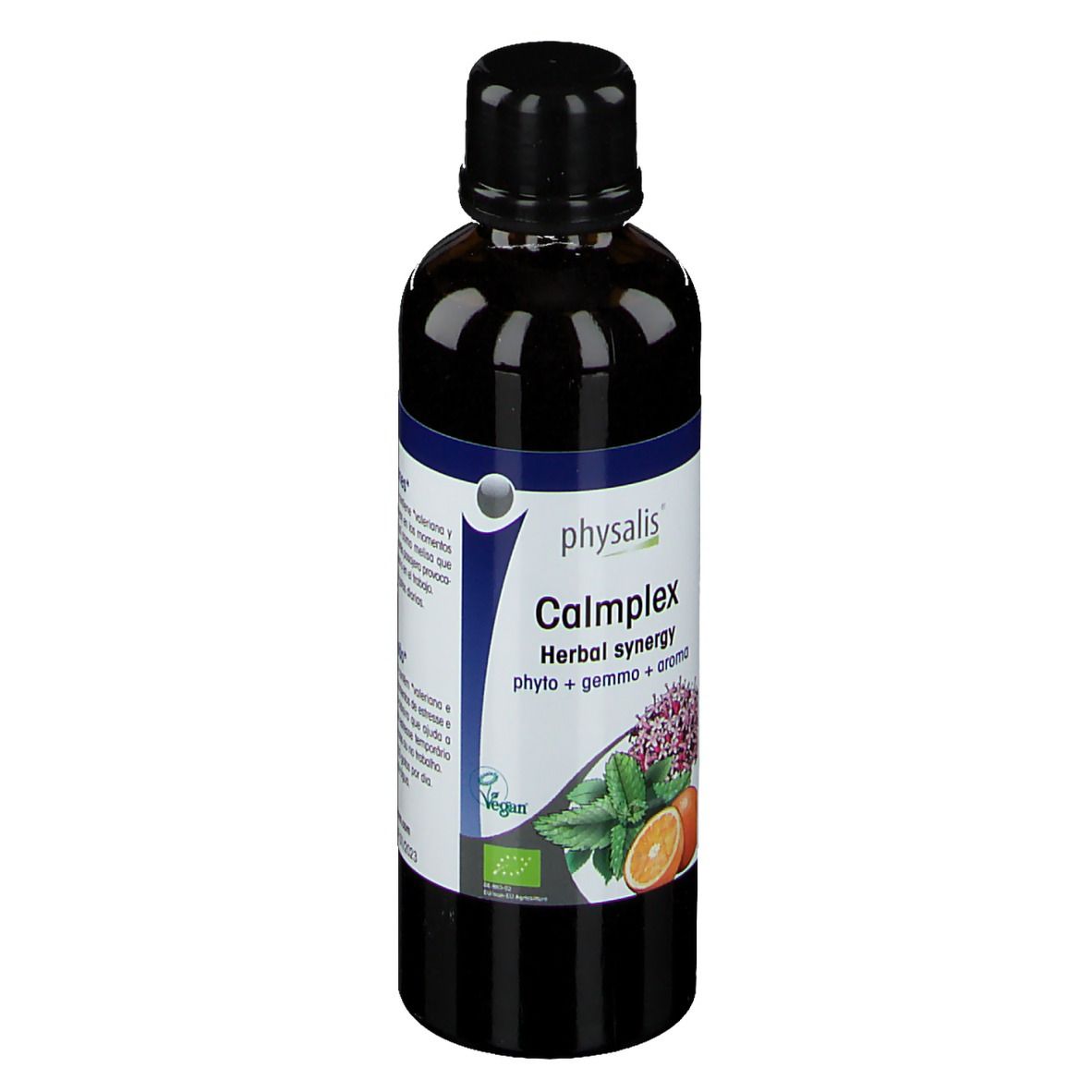 Bruine fles met zwarte dop. Etiket met productnaam, illustraties en bio-keurmerk.