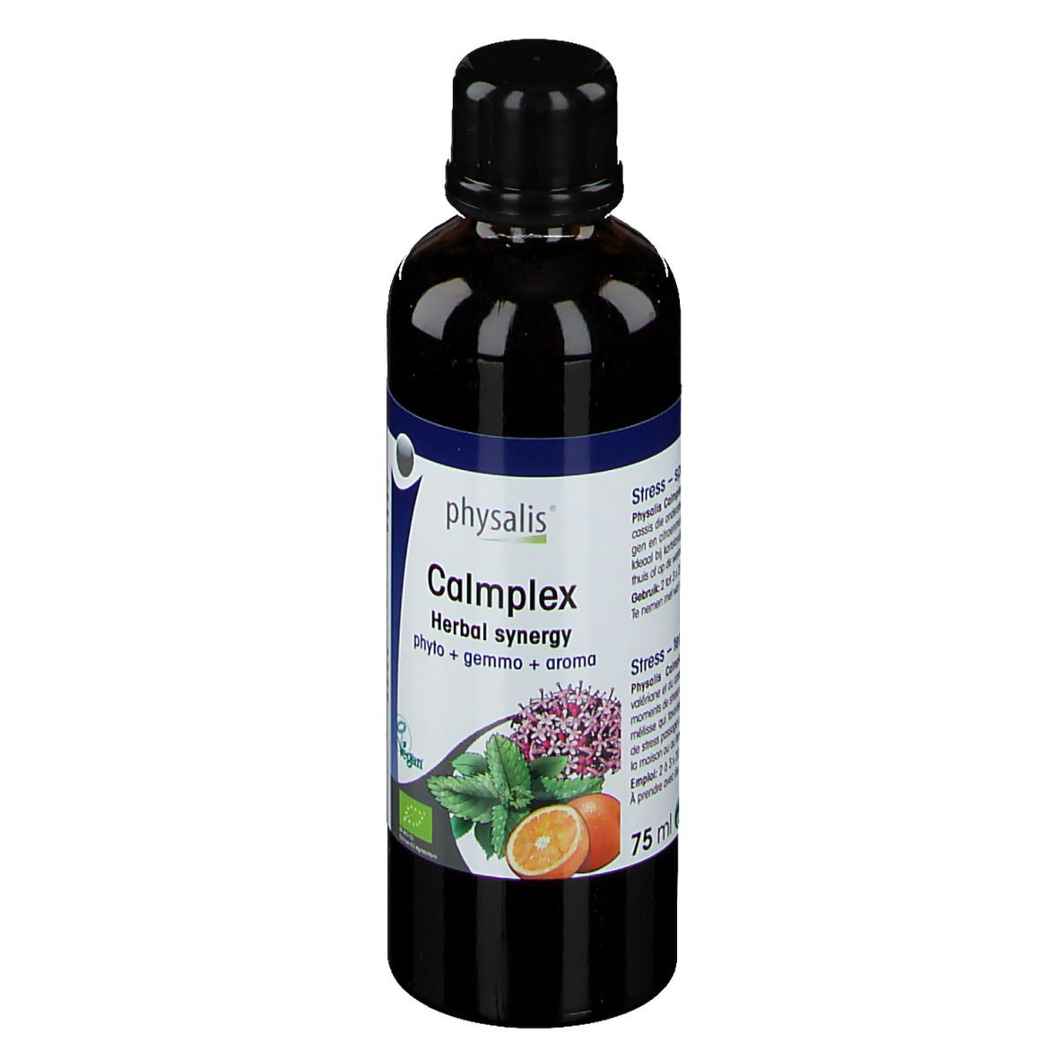 Bruine fles met zwarte dop. Etiket met productnaam, illustraties en bio-keurmerk.