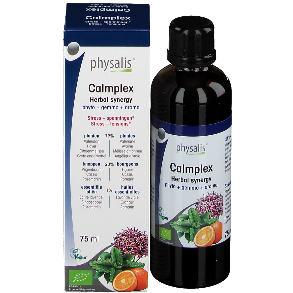 Fles en doos. Doos met productnaam, ingrediënten en bio-keurmerk. Fles ernaast.
