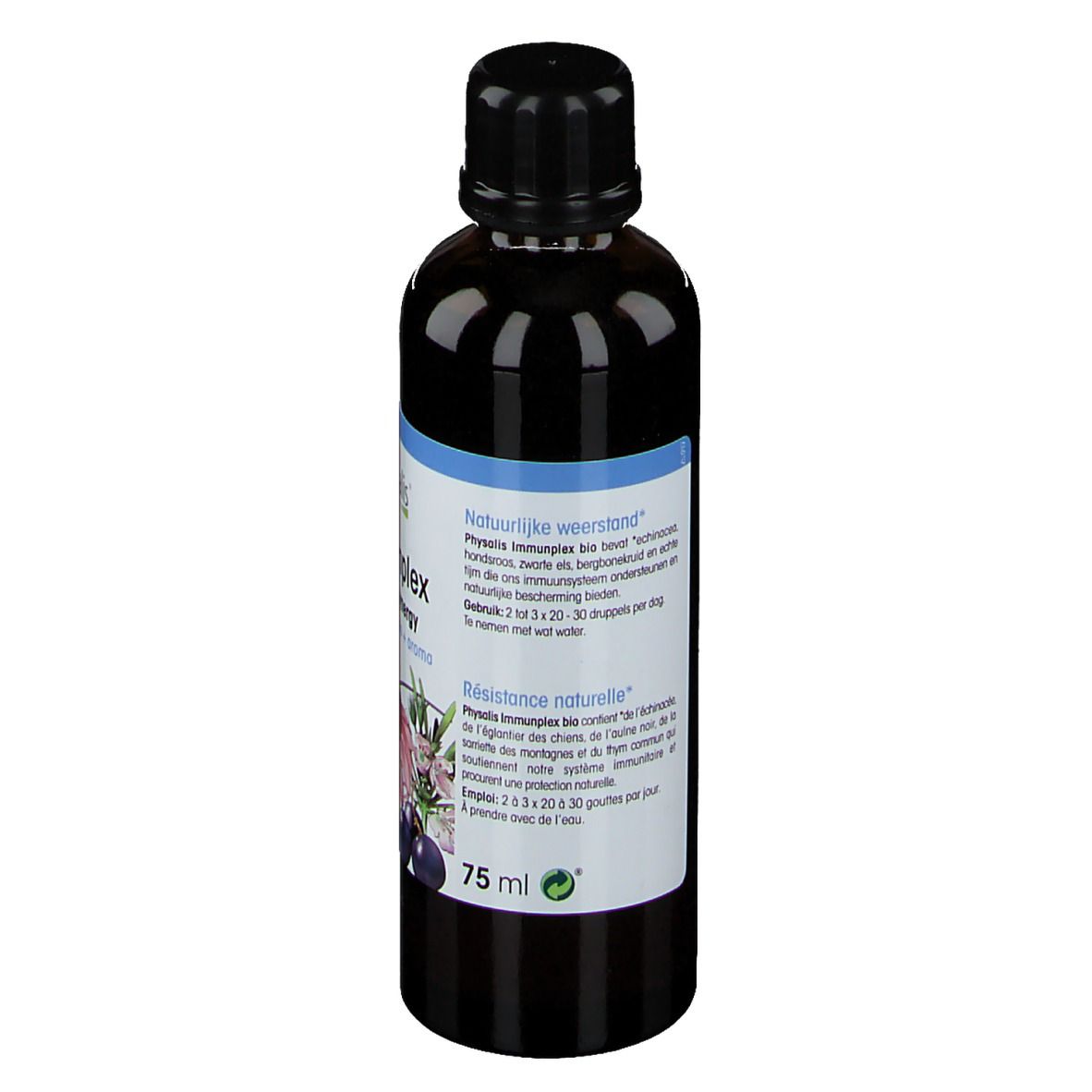 Flacon brun à bouchon noir. Dos avec texte multilingue. 75 ml.