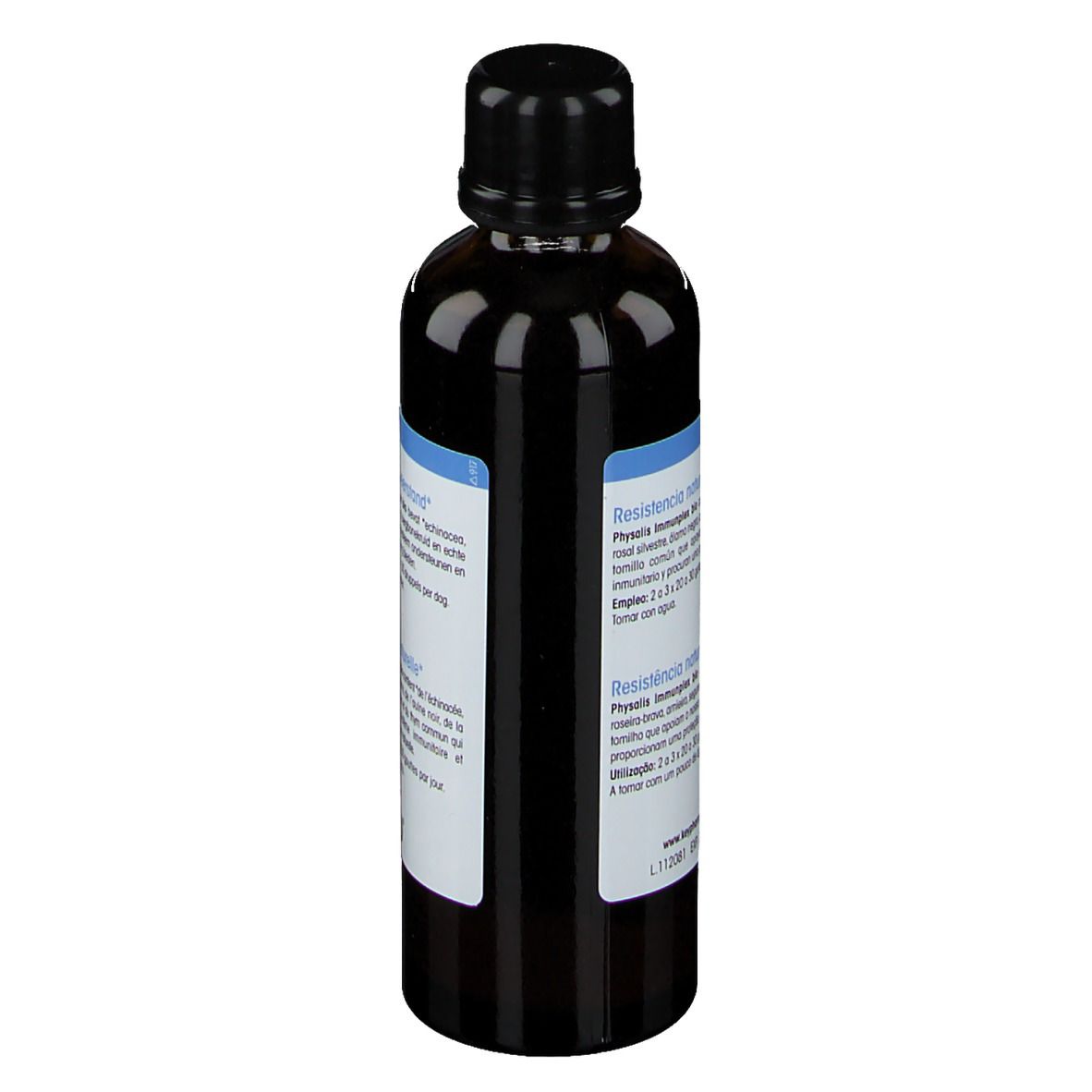 Flacon brun à bouchon noir. Dos avec texte multilingue. 75 ml.