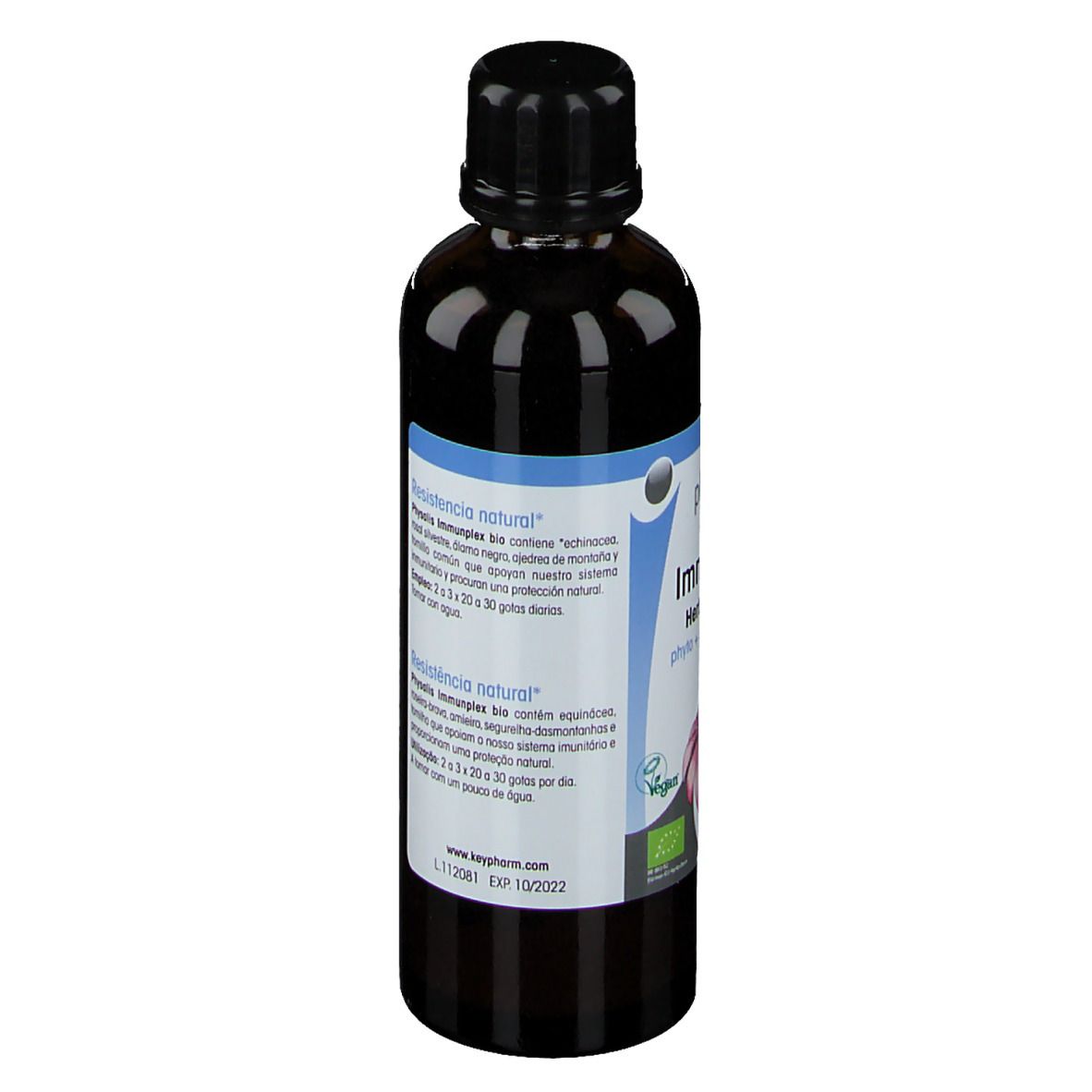 Flacon brun à bouchon noir. Dos avec texte multilingue. 75 ml.