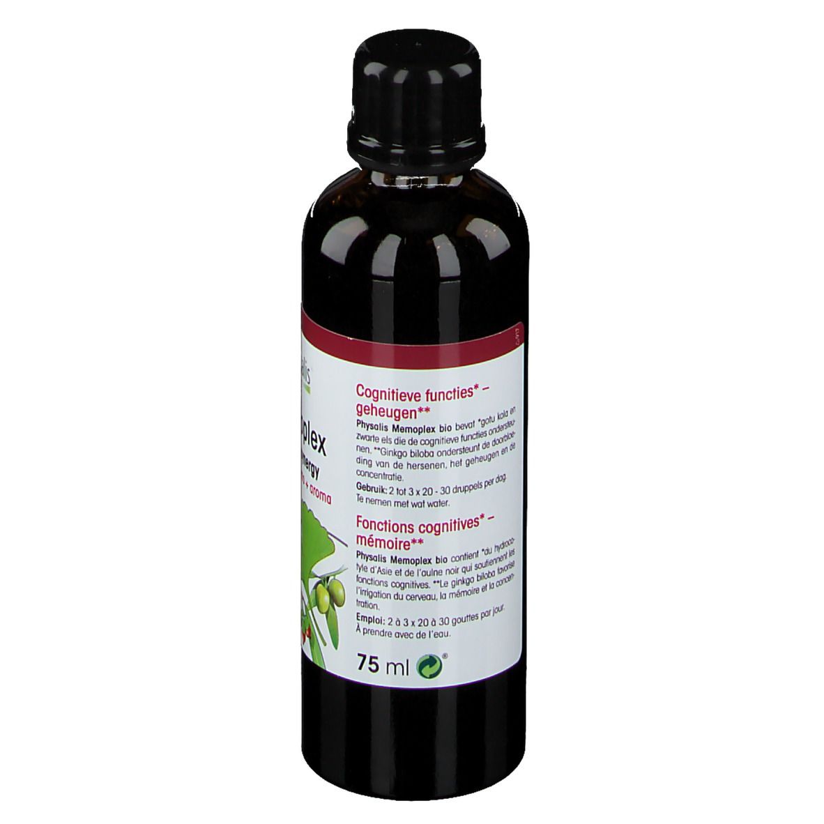 Dos de la bouteille marron avec bouchon noir. Étiquette avec informations produit et dosage. 75 ml.