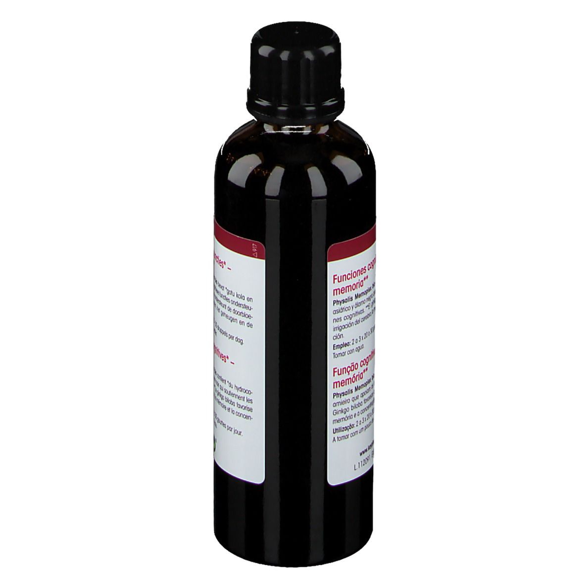 Bouteille marron avec bouchon noir. Étiquette avec informations produit. 75 ml.