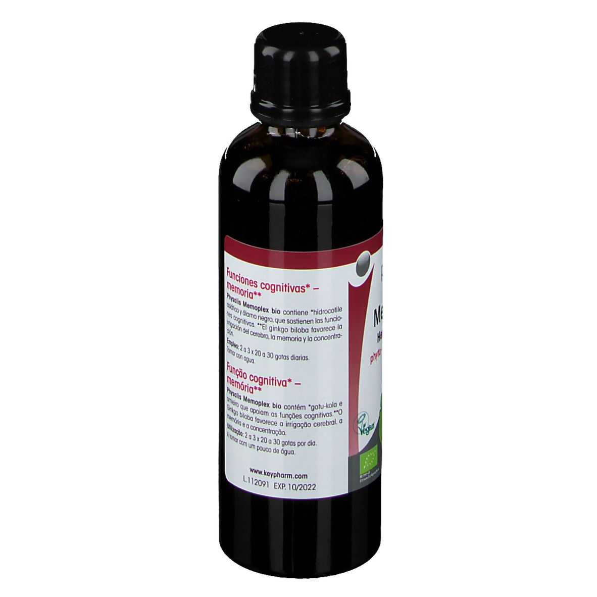 Bouteille marron avec bouchon noir. Étiquette avec informations produit et dosage. 75 ml.