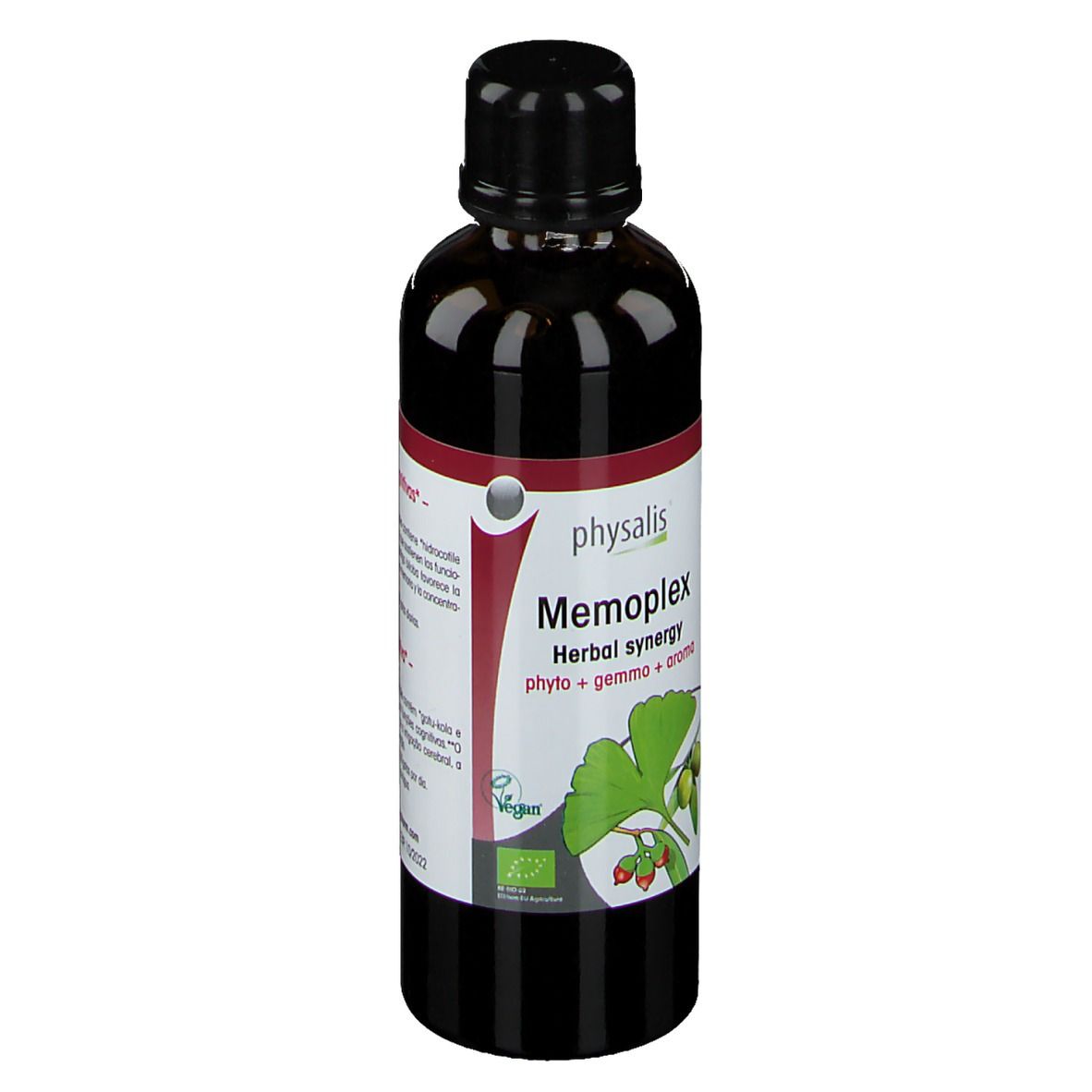 Bouteille marron avec bouchon noir. Étiquette avec nom, ingrédients et label bio. 75 ml.