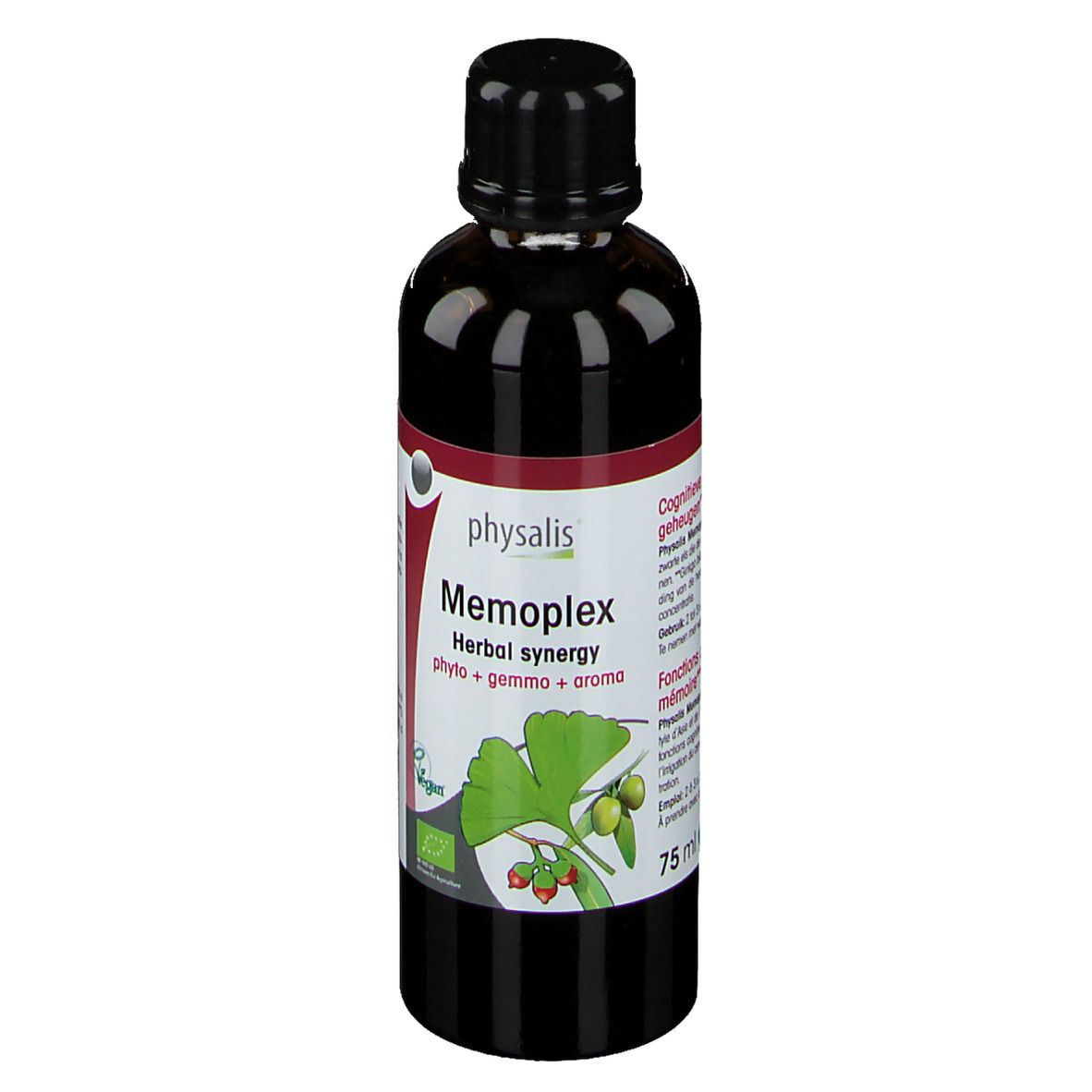 Bouteille marron avec bouchon noir. Étiquette avec nom, ingrédients et label bio. 75 ml.
