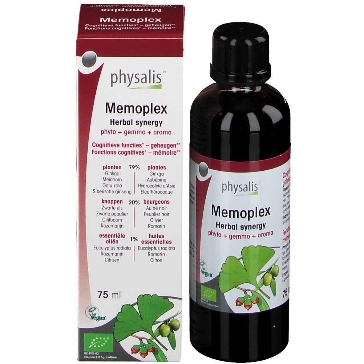 Bouteille et emballage du produit. Bouteille avec bouchon noir, emballage avec nom et ingrédients. 75 ml.