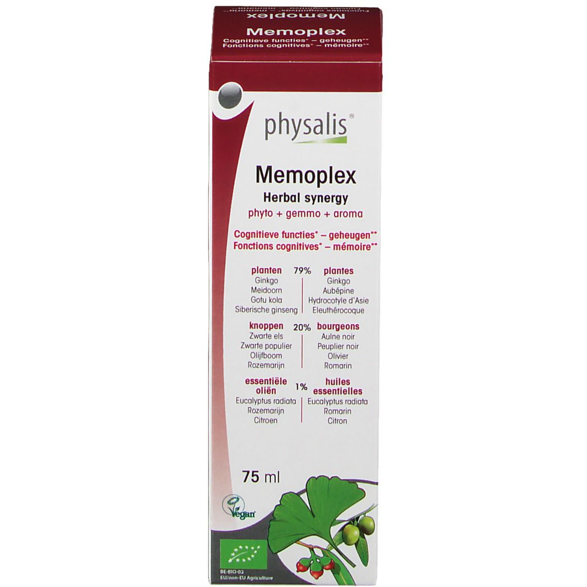 Emballage du produit. Boîte avec nom, ingrédients et label bio. 75 ml.