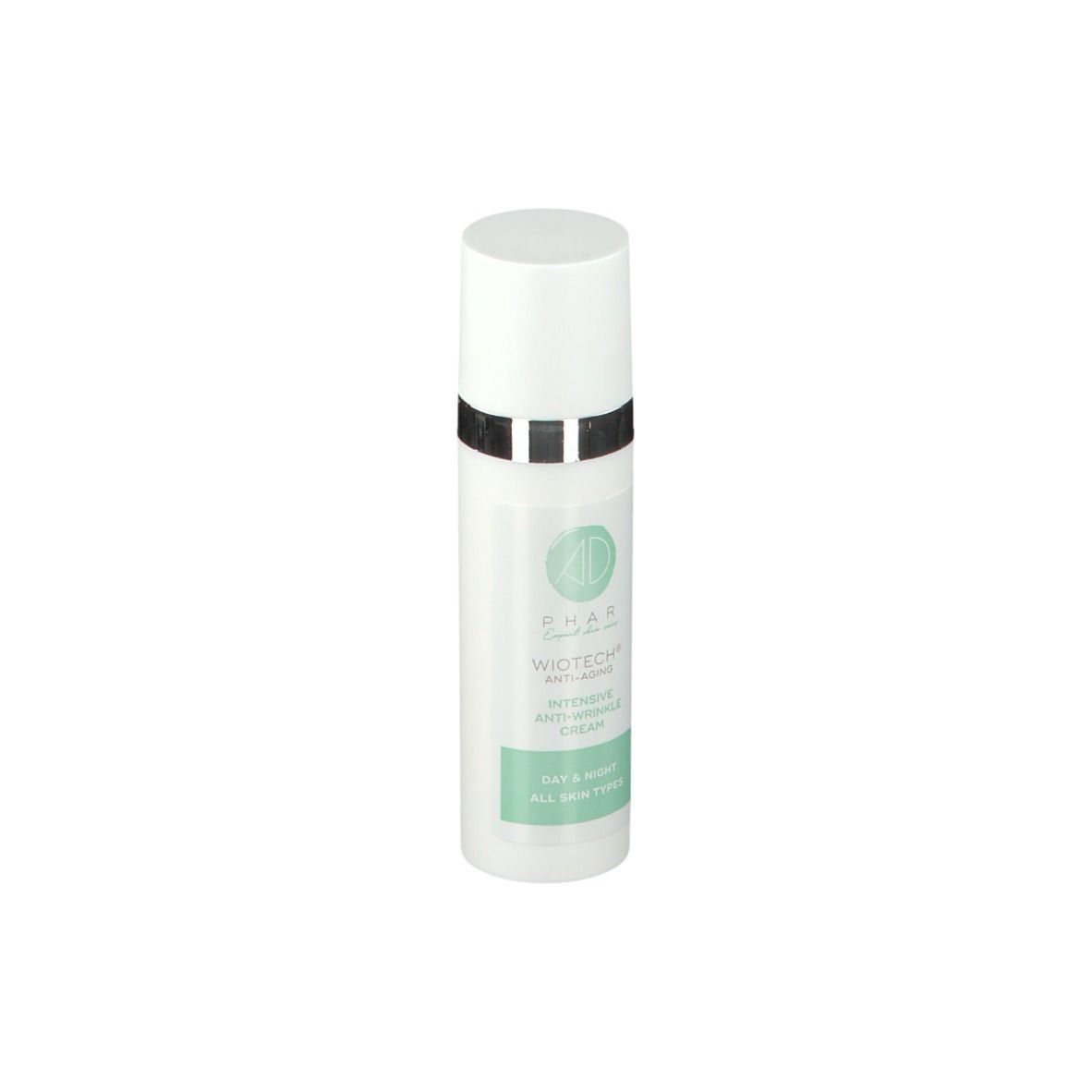 Weiße Creme-Flasche mit silbernem Ring. Aufschrift: WIOTECH® Anti-Ageing intensive Anti-Falten Creme. Für Tag & Nacht.
