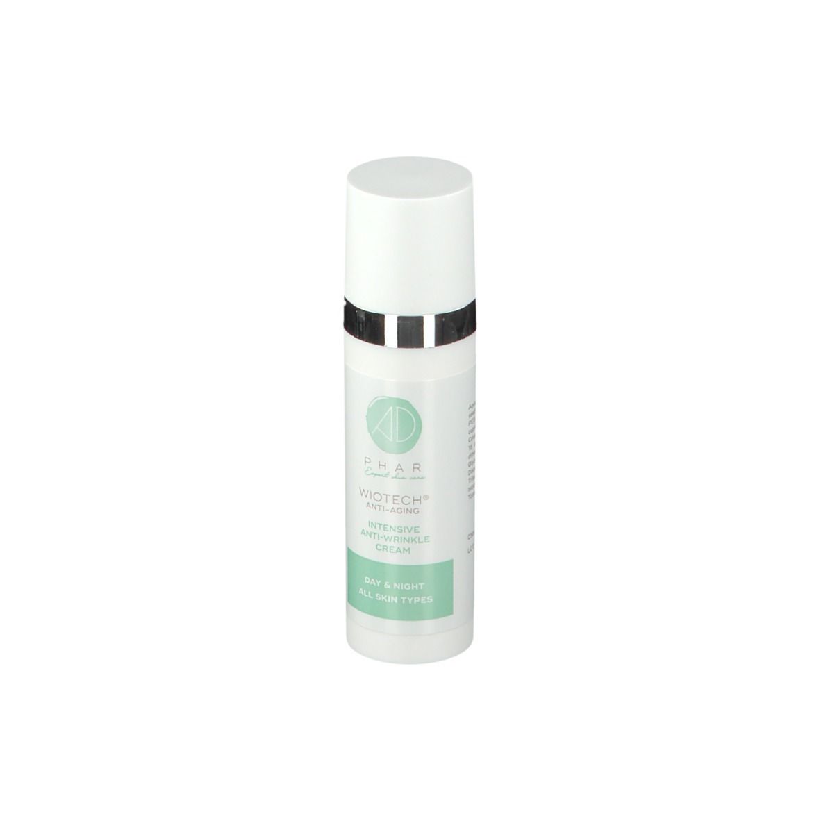 Weiße Creme-Flasche mit silbernem Ring. Aufschrift: WIOTECH® Anti-Ageing intensive Anti-Falten Creme. Für Tag & Nacht.